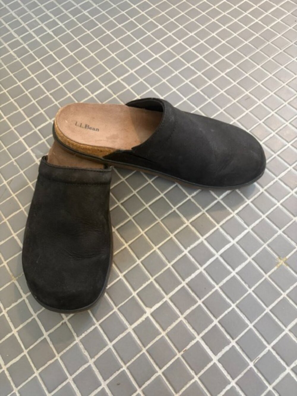 L.L. Bean Black suede clogs with cork soles.